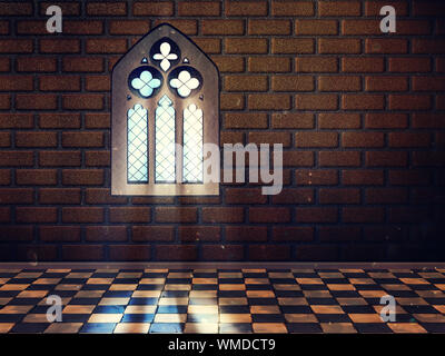 Illustrazione di un abstract grunge interno con finestra gotica. Foto Stock