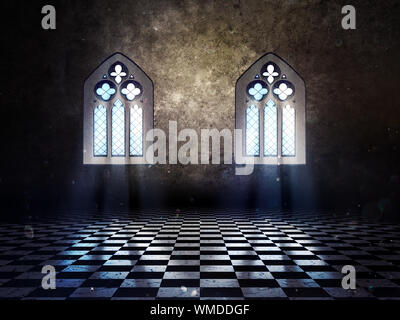 Illustrazione di un abstract grunge interno con finestra gotica. Foto Stock