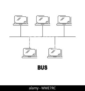 Bus topologia di rete vettore lineare nero piatto icona di stile Illustrazione Vettoriale