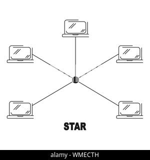 Stella topologia di rete vettore lineare nero piatto icona di stile Illustrazione Vettoriale