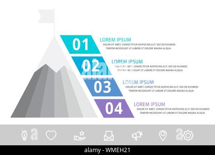 Vettore modello infografico con la piramide e di montagna e quattro etichette. Business concetto geometrico con 4 opzioni. Usato come sequenza temporale del flusso di lavoro presenta, Illustrazione Vettoriale