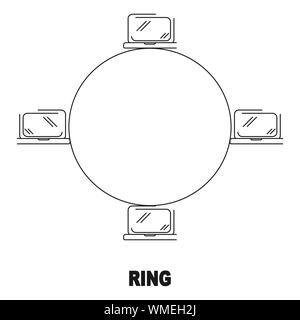 Topologia di una rete ad anello nero vettore lineare piano icona di stile Illustrazione Vettoriale