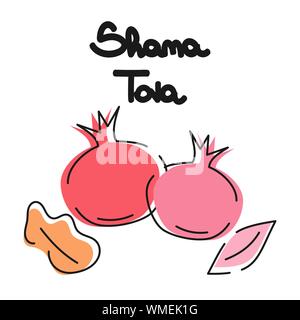 Appartamento cartoon illustrazione vettoriale per la festa ebraica di Rosh Hashana con melograno, foglie e disegnati a mano scritte shana tova testo Illustrazione Vettoriale