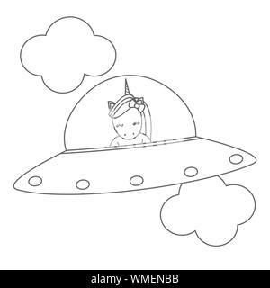 Carino in bianco e nero di vettore cartoon ufo con unicorn nel cielo illustrazione per la colorazione di arte Illustrazione Vettoriale
