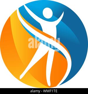 Abstract simbolo rotondo con felice sagoma umana. Sport e fitness, medico o centro sanitario logo design concept. Illustrazione Vettoriale