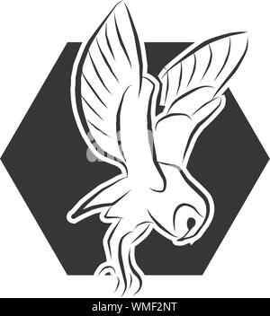 Vector Flying Owl, distesa la sua piuma. Grande gufo su sfondo a testa esagonale Illustrazione Vettoriale