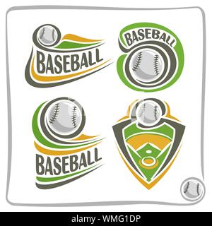 Vettore logo astratto per il baseball, indicazioni per lo sport club, cucito semplice palla da baseball volare al di sopra del campo verde, isolato sporting icone. Illustrazione Vettoriale