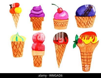 Serie di coni gelato e coppe di diversi sapori e colori acquerello Foto Stock