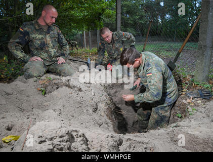 Il 05 settembre 2019, il Land Brandeburgo, Neuhardenberg: soldati della terza società 3./901 da Havelberg in Sassonia-Anhalt stanno scavando per la guerra di morti dalla Seconda Guerra Mondiale in un ex cimitero per i soldati tedeschi nell'ambito di lavori esplorativi. Tra le altre cose, lavori di scavo hanno avuto luogo anche sull'ex cimitero militare di odierno aeroporto di Neuhardenberg. In GDR tempi vi è stata una guerra tedesca recinto qui. A causa della espansione dell'airfield, il cimitero militare è stato spostato a Wulkow vicino Booßen. Durante la presente gli scavi molti resti di ossa sono stati trovati. Quando il mortale remai Foto Stock