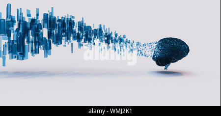 3D render di blu cervello digitale disolving galleggianti cubi di dati, panoramica, la minima nozione. Foto Stock