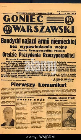 Front page news nel giornale polacco annuncia attacco nazista di truppe tedesche in 01.09.1939 Foto Stock