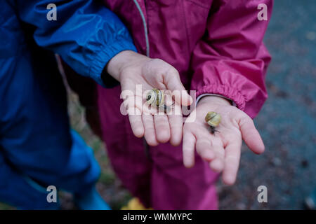 I due ragazzi in piedi sotto la pioggia tenendo due lumache nelle loro mani Foto Stock