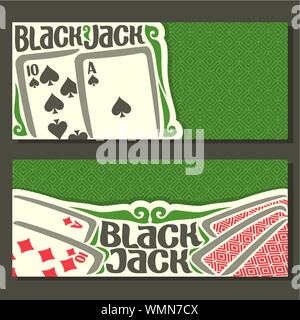 Vettore Banner orizzontale per Black Jack: combinazione di carte da gioco per il gioco d'azzardo gioco del blackjack sul feltro verde tabella nel casino'. Illustrazione Vettoriale