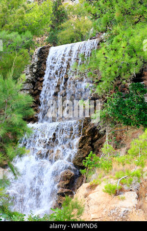 Una grande cascata da una molla di radon acqua scorre verso il basso grandi massi al piede della montagna tra il verde dei pini mediterranei e Palm tree Foto Stock