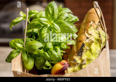 Vari cibi sani in sacchetto di carta su sfondo di legno. Cibo sano dal negozio Foto Stock