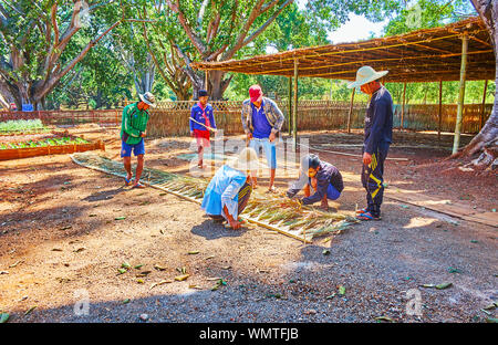 KAKKU, MYANMAR - Febbraio 20, 2018: i giovani lavoratori e rendere il tessuto tetto di bambù per la terrazza estiva nel parco, in Febbraio 20 in Kakku. Foto Stock