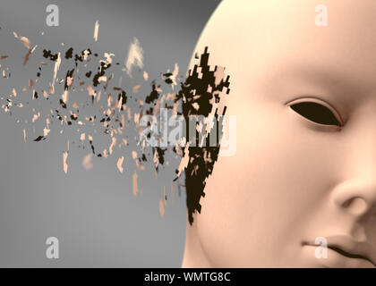 Concetto di rumori fastidiosi e problemi uditivi. Sordità e disturbi del sistema uditivo.illustrazione 3d del design del cyborg o del robot Foto Stock