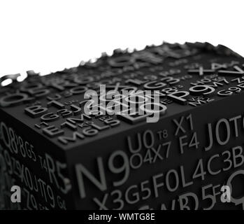 Illustrazione 3D di numeri e lettere in nero.programmazione e sicurezza dei dati.Codice segreto e concetto di password. Foto Stock