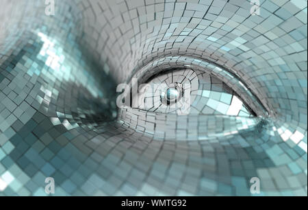 Concetto futuristico di intelligenza artificiale e apprendimento automatico. Dettaglio occhio cyborg e robot.illustrazione 3d Foto Stock