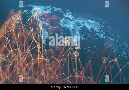 Telecomunicazioni globali e business Technology.Blue network e Internet Concept e mappa del mondo del globo. Foto Stock