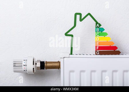 Close-up di casa che mostra il modello di efficienza energetica sul tasso di radiatore a casa Foto Stock