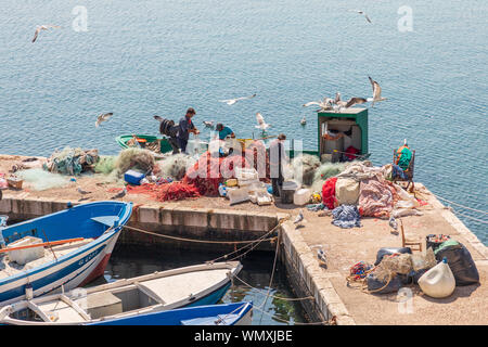 Italia Puglia Provincia di Lecce e Gallipoli. Giugno 04, 2019. I pescatori lo scarico la loro barca a un molo. Foto Stock