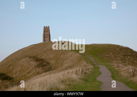 St Michaels Torre. Glastonbury Tor, Somerset, Inghilterra Foto Stock