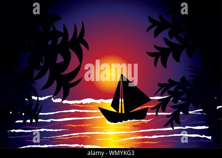 tramonto della barca di mare Illustrazione Vettoriale