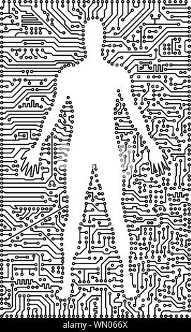 Silhouette di uomo in una centralina elettronica di background tecnico Illustrazione Vettoriale