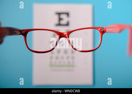Vista ravvicinata di occhiali giacente su snellen tabella di dati di prova Foto Stock