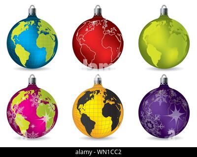 Shiny decorazioni di Natale con la mappa del mondo Illustrazione Vettoriale