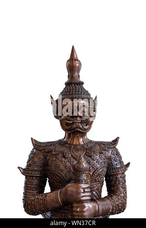 In prossimità della faccia del Tos-Sa-Kan da Ramakien isolare su sfondo bianco. Statua di ottone della gigantesca statua in stile Tailandese, Thailandia letteratura Ramayana Foto Stock