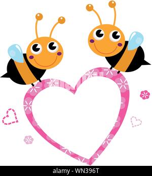 Carino battenti api con amore rosa cuore isolato su bianco Illustrazione Vettoriale