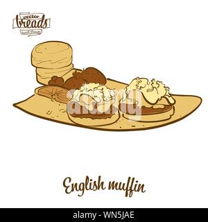 Disegno colorato di muffin inglese il pane. Illustrazione Vettoriale di pane di lievito alimentare, usualmente noto nel Regno Unito. Pane colorato schizzi. Illustrazione Vettoriale