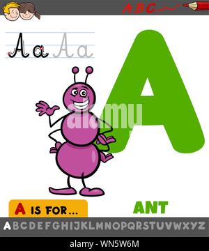 Cartone animato educativo illustrazione della lettera A da alfabeto con Ant del carattere per i bambini Illustrazione Vettoriale