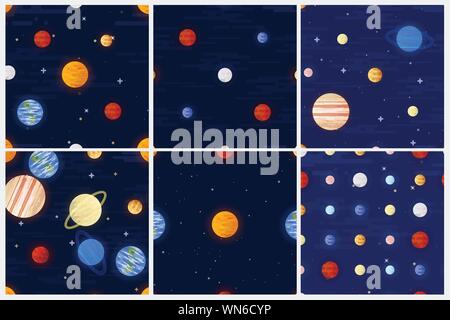 Spazio stampa. Vettore di Seamless pattern impostato. Colori diversi pianeti del sistema solare e delle stelle. Illustrazione Vettoriale