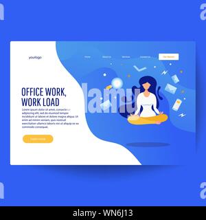 Landing page modello con la levitazione manager finanziario, libro, Magnifier, lo smartphone, le lettere. FAQ, manuale utente e servizio di guida. Illustrazione Vettoriale
