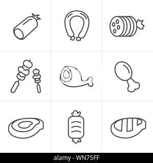 Le icone della linea stile nero di vettore di carne e salsiccia icona impostare su bianco Illustrazione Vettoriale