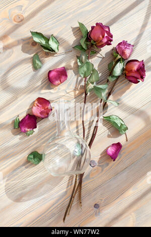 Tre rose rosse, sparsi petali di fiori, foglie verdi di vetro vaso rotondo su sfondo di legno vista superiore closeup, composizioni floreali laici piana, vintage Foto Stock