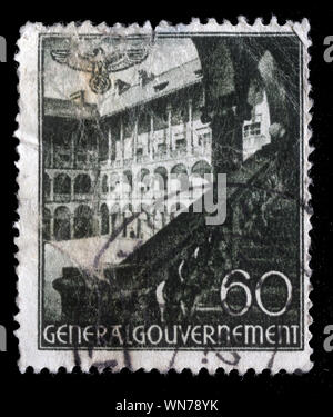 Timbro stampato in Germania, il Governo Generale (Polonia), mostra castello, Krakau, circa 1940. Foto Stock
