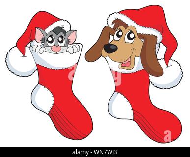 Carino di cane e di gatto in calze di Natale illustrazione vettoriale Illustrazione Vettoriale