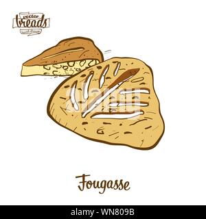 Disegno colorato di Fougasse pane. Illustrazione Vettoriale di pane di lievito alimentare, usualmente noto in Francia. Pane colorato schizzi. Illustrazione Vettoriale