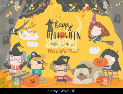 Funny bambini indossare in costumi di Halloween. Dolcetto o scherzetto Illustrazione Vettoriale