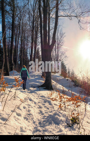 Redhead woman hiking attraverso un paesaggio invernale nella foresta vicino a Zell am See - Pettenfirst, Austria Foto Stock