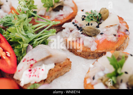 Snack deliziosi panini sul piatto.Close-up di gustosi piatti sani e freschi panini con pesce, cipolla e crema di formaggio e verdure. Foto Stock