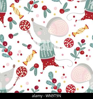 Vettore di Seamless pattern con Cartoon carino mouse in stile scandinavo. Piatto ornato di ratto illustrazione per il Nuovo Anno 2020. Illustrazione Vettoriale