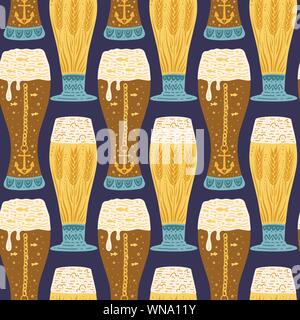 Festa della Birra vettore modello senza cuciture piatte in stile scandinavo. Oktoberfest Illustrazione a colori con il buio e la luce di birra in bicchieri. Illustrazione Vettoriale