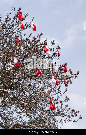 Molti tradizionale bulgara personalizzato primavera segno Martenitsa sulla struttura ad albero Foto Stock