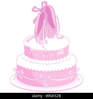 Dolce ballerina carina per la festa di compleanno delle ragazze. Torta da ballo. Torta di compleanno rosa decorata con scarpe da ballo, perle e nastri. Foto Stock