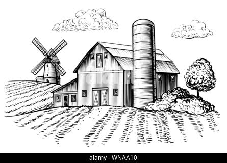 Paesaggio rurale, Farm Barn e mulino a vento sketch. Disegnare a mano illustrazione del paesaggio naturale di New Scenic 5 posti. Agriturismo agricola e campo. Vector monocromatica immagine profilo Illustrazione Vettoriale